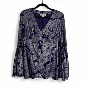Michael Kors Blue Paisley Bell Sleeve Blouse | Size M
